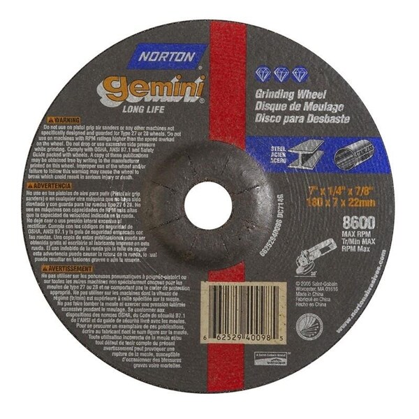 Norton Co Grinding Wheel, Depressed Center, Type 27 - Metal - Gemini Alum Oxide, 7 x 1/4 x 7/8, Max RPM: 8600 662529-40098 - main